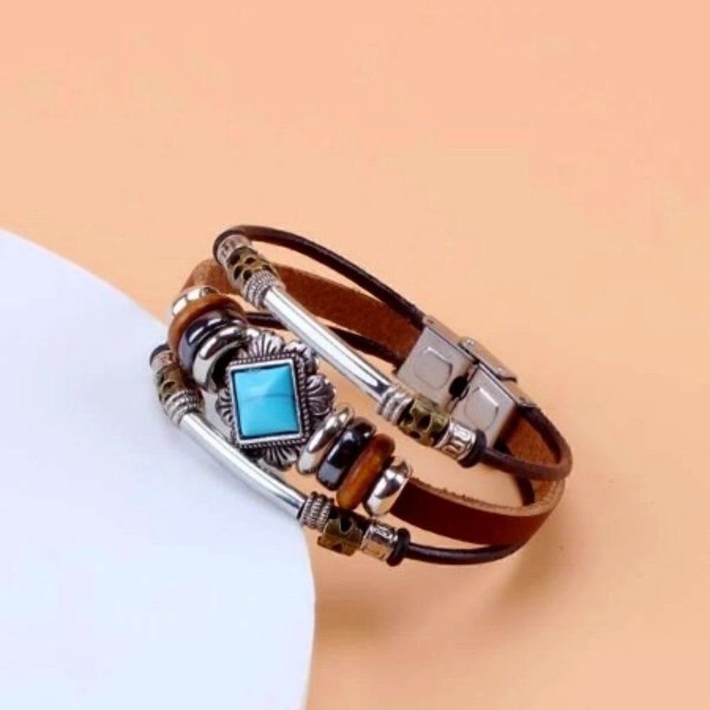 GEOMETRIC SILVER TURQUOISE BROWN MULTILAYERED BRACELET